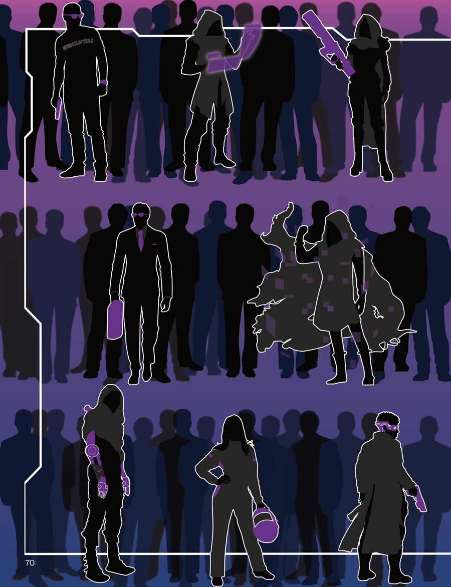 Silhouetted archetype lineup from the Shadows RPG Core Rulebook, in the brand's violet palette